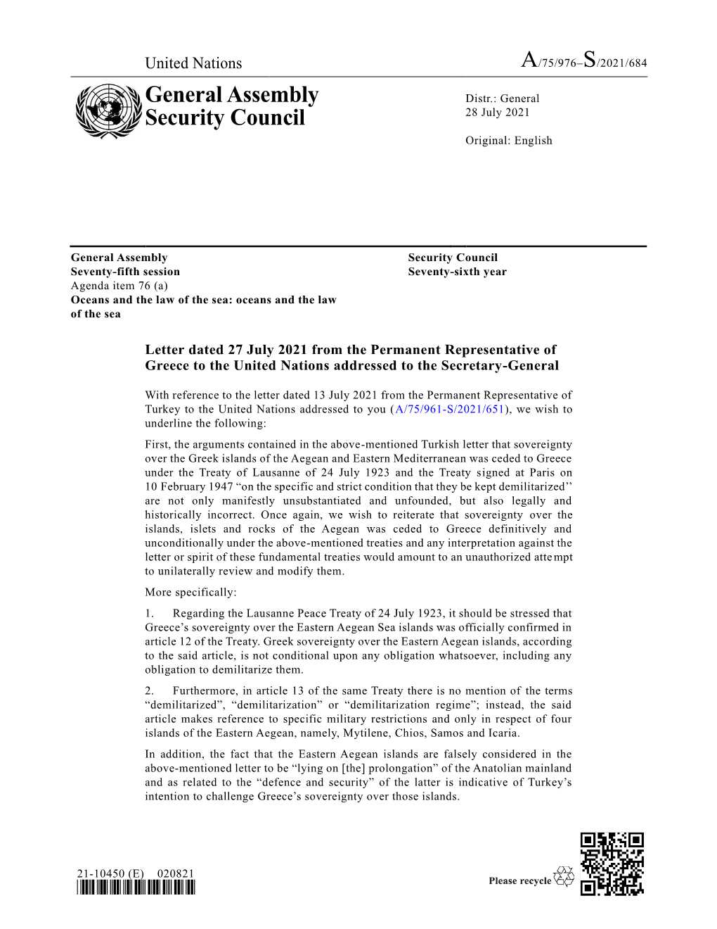 General Assembly Security Council Seventy-Fifth Session Seventy-Sixth Year Agenda Item 76 (A) Oceans and the Law of the Sea: Oceans and the Law of the Sea