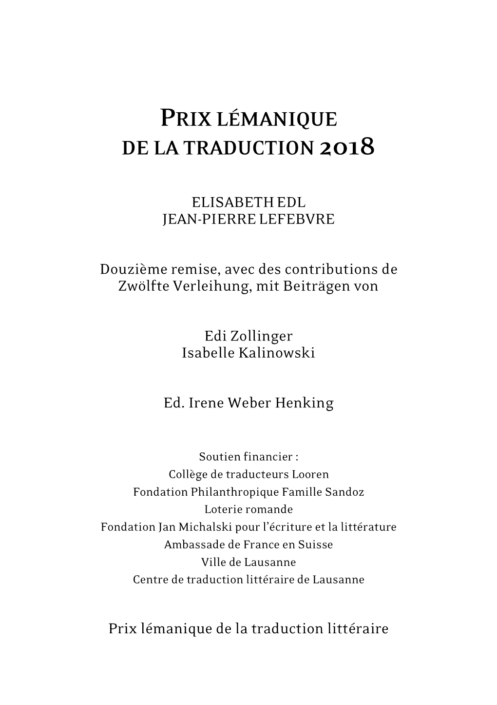 Prix Lémanique De La Traduction 2018