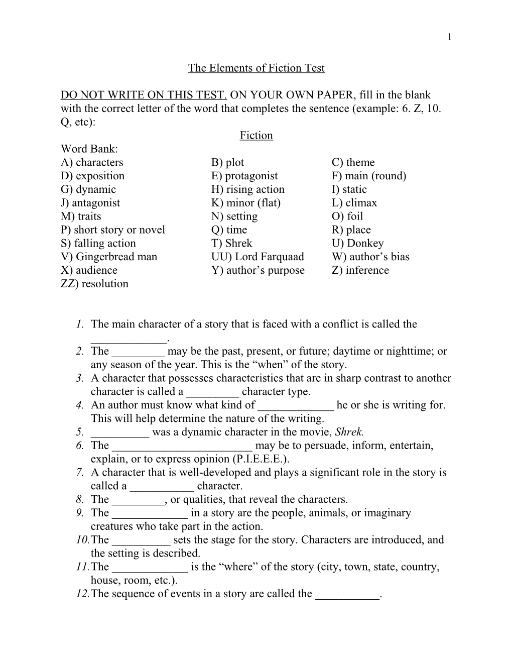 The Elements of Fiction Test