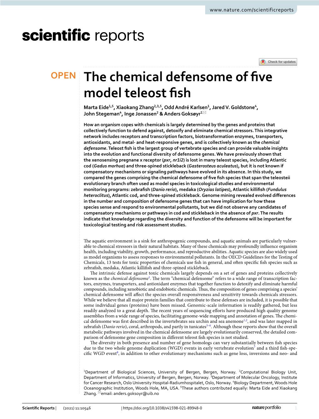 The Chemical Defensome of Five Model Teleost Fish