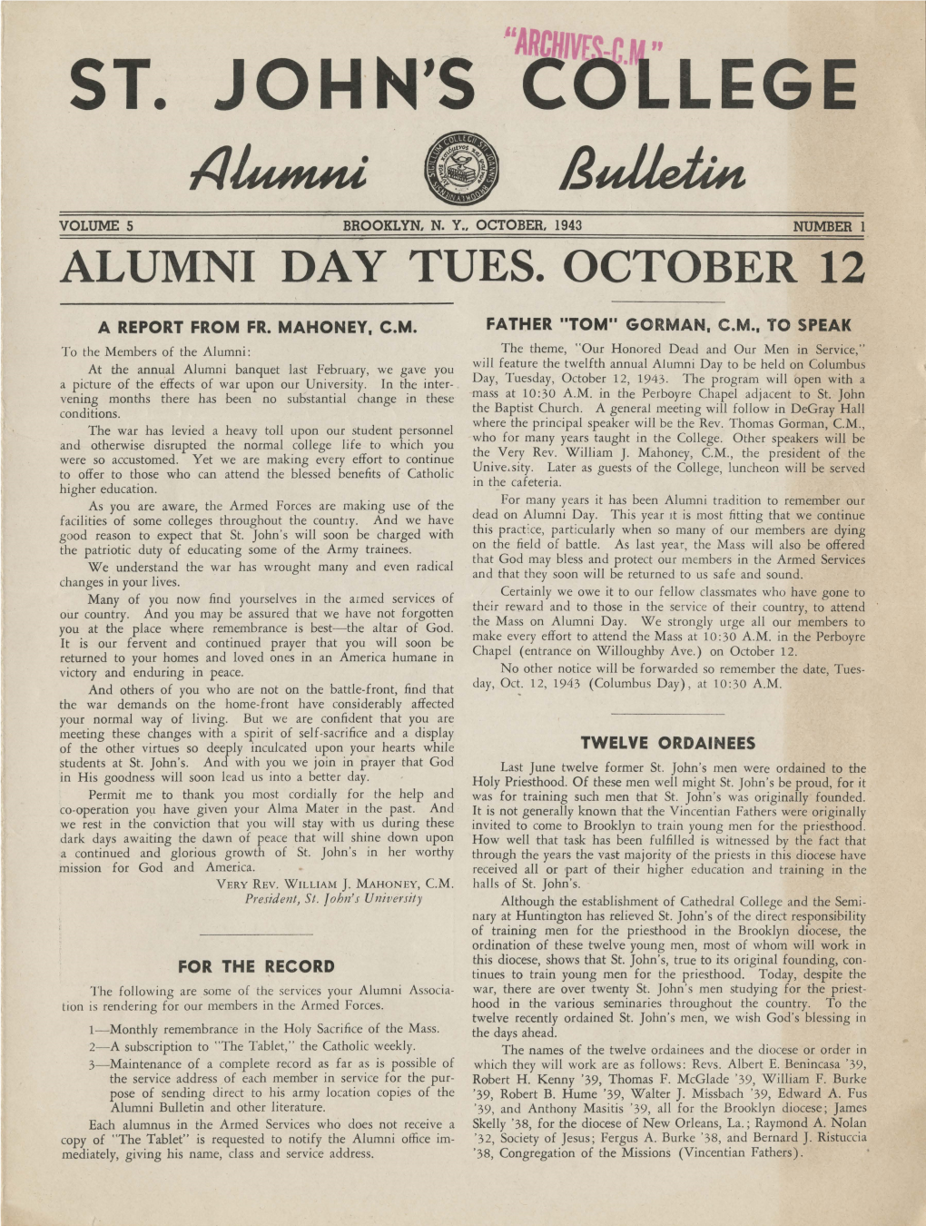 Alumni Day Tues. October 12