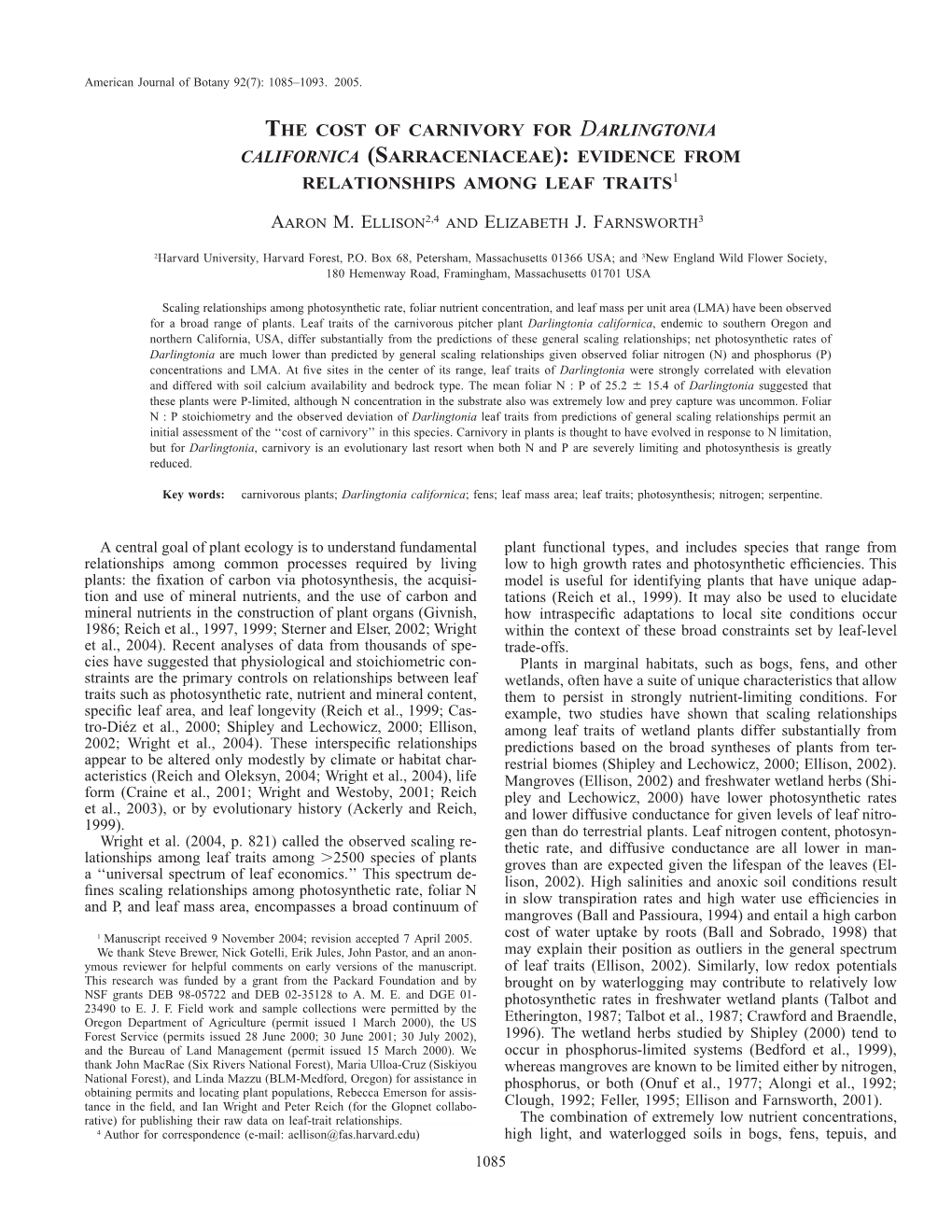 The Cost of Carnivory for Darlingtonia Californica (Sarraceniaceae): Evidence from Relationships Among Leaf Traits1