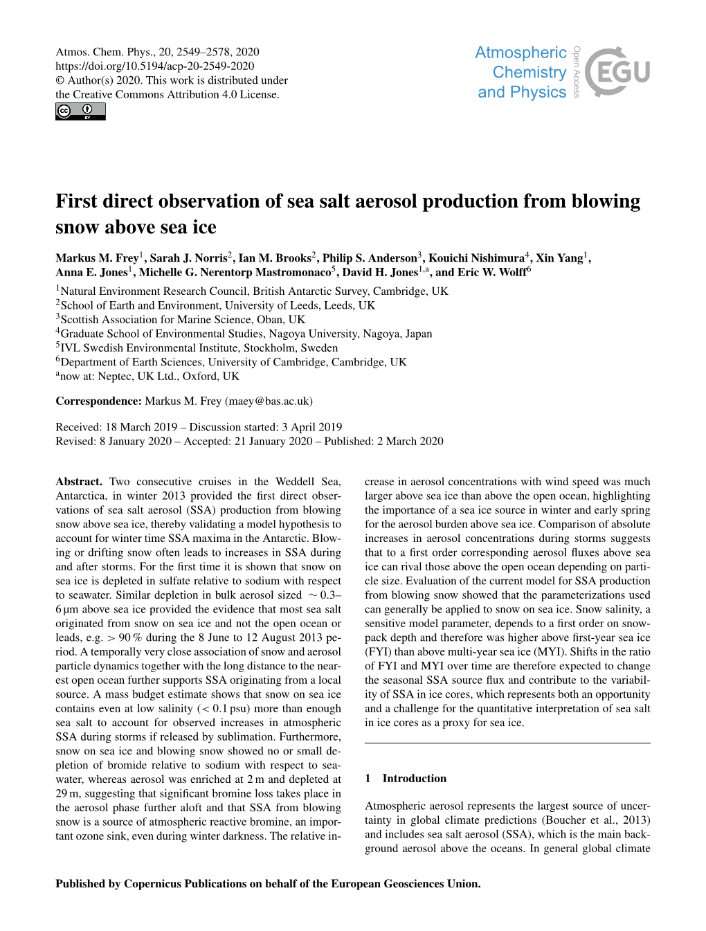 First Direct Observation of Sea Salt Aerosol Production from Blowing Snow Above Sea Ice