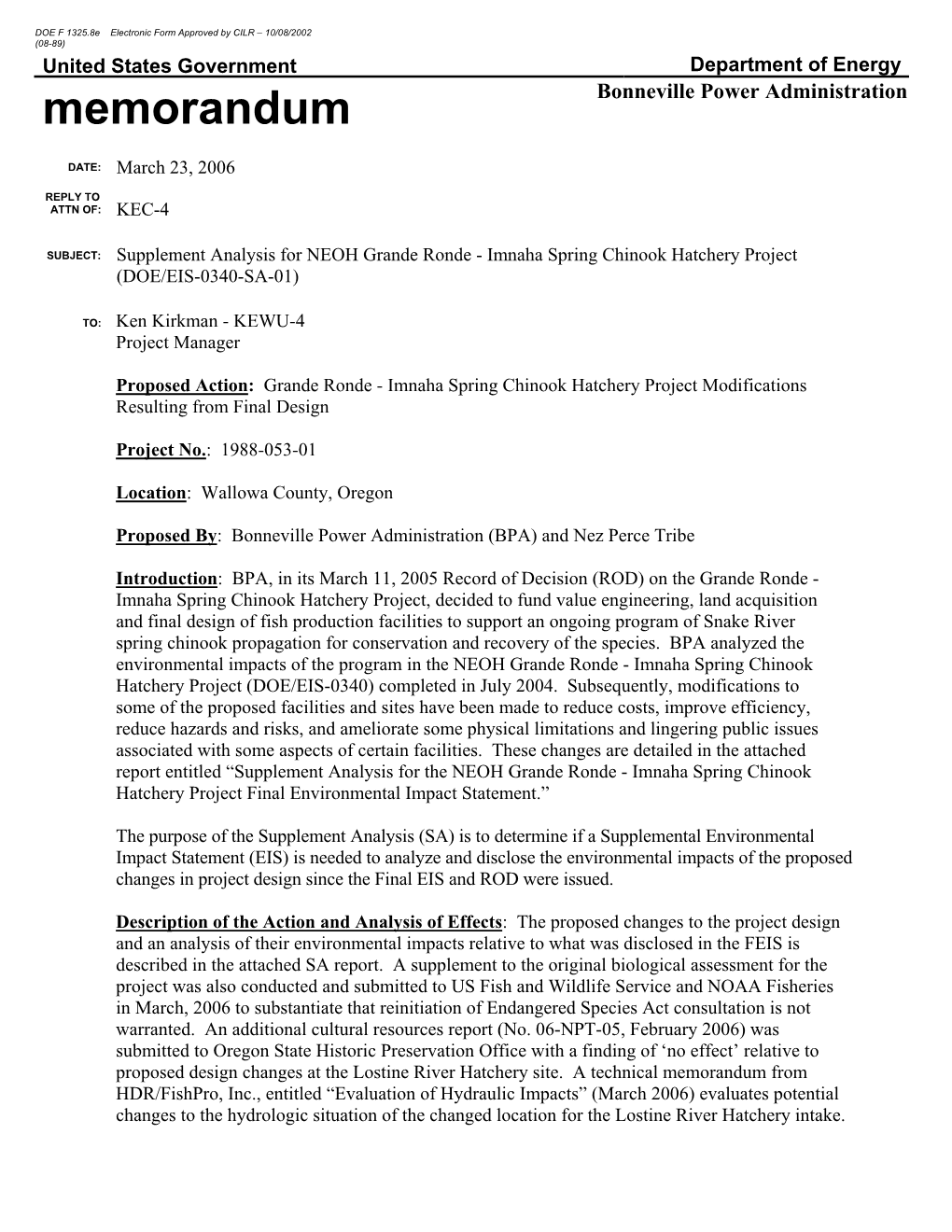 DOE/EIS-0340-SA-01: Supplement Analysis for NEOH Grande Ronde