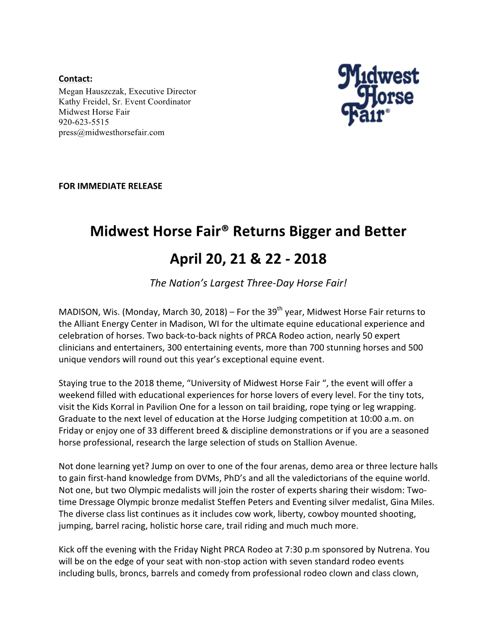 Midwest Horse Fair® Returns Bigger and Better April 20, 21 & 22 - 2018 the Nation’S Largest Three-Day Horse Fair!