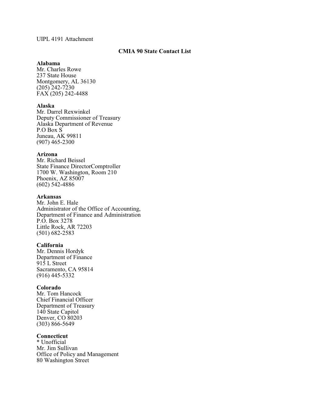 UIPL 4191 Attachment CMIA 90 State Contact List Alabama Mr. Charles