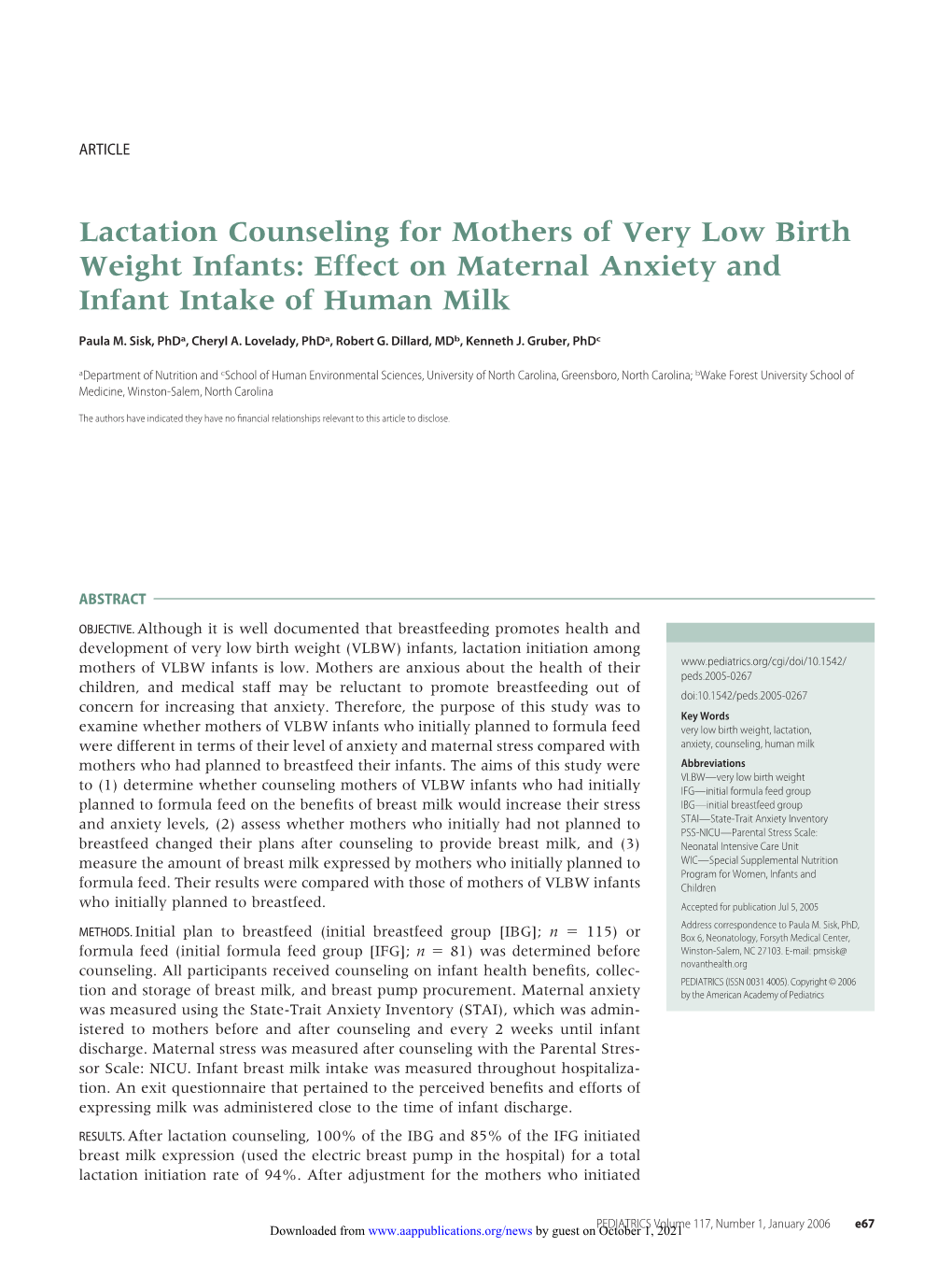 Lactation Counseling for Mothers of Very Low Birth Weight Infants: Effect on Maternal Anxiety and Infant Intake of Human Milk