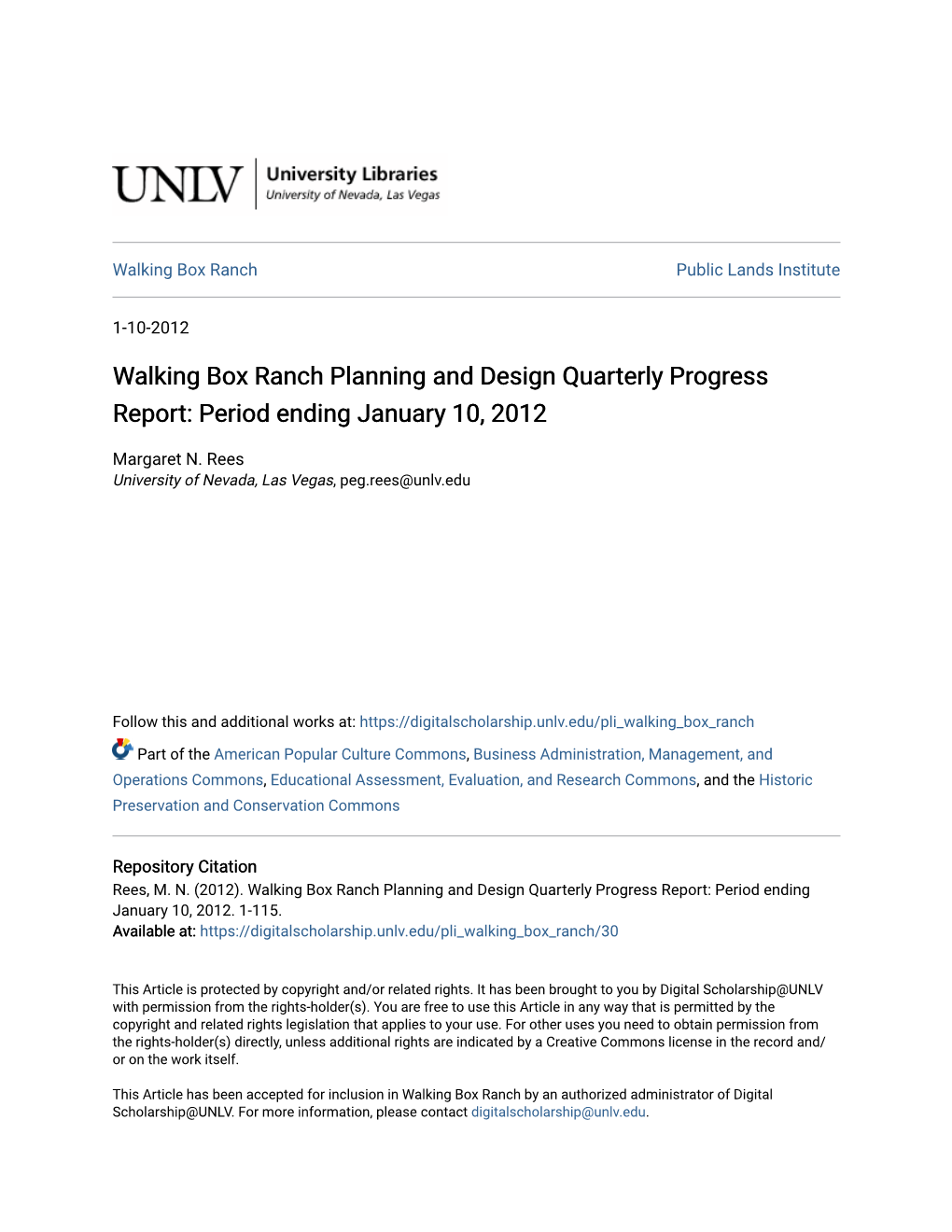 Walking Box Ranch Planning and Design Quarterly Progress Report: Period Ending January 10, 2012