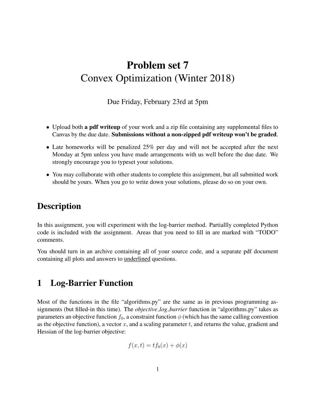Problem Set 7 Convex Optimization (Winter 2018)