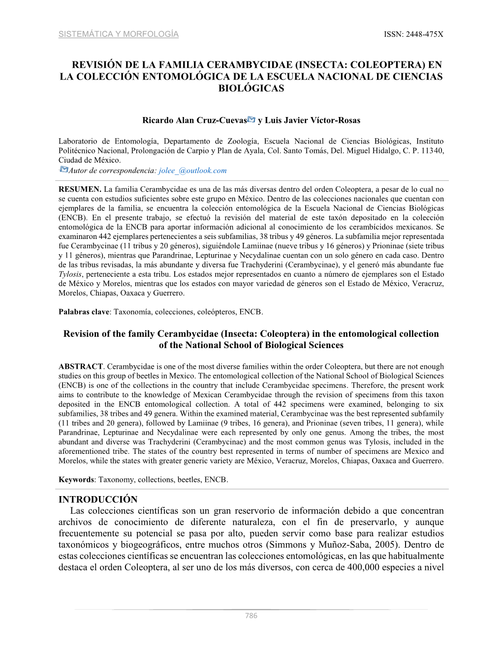 Revisión De La Familia Cerambycidae (Insecta: Coleoptera) En La Colección Entomológica De La Escuela Nacional De Ciencias Biológicas