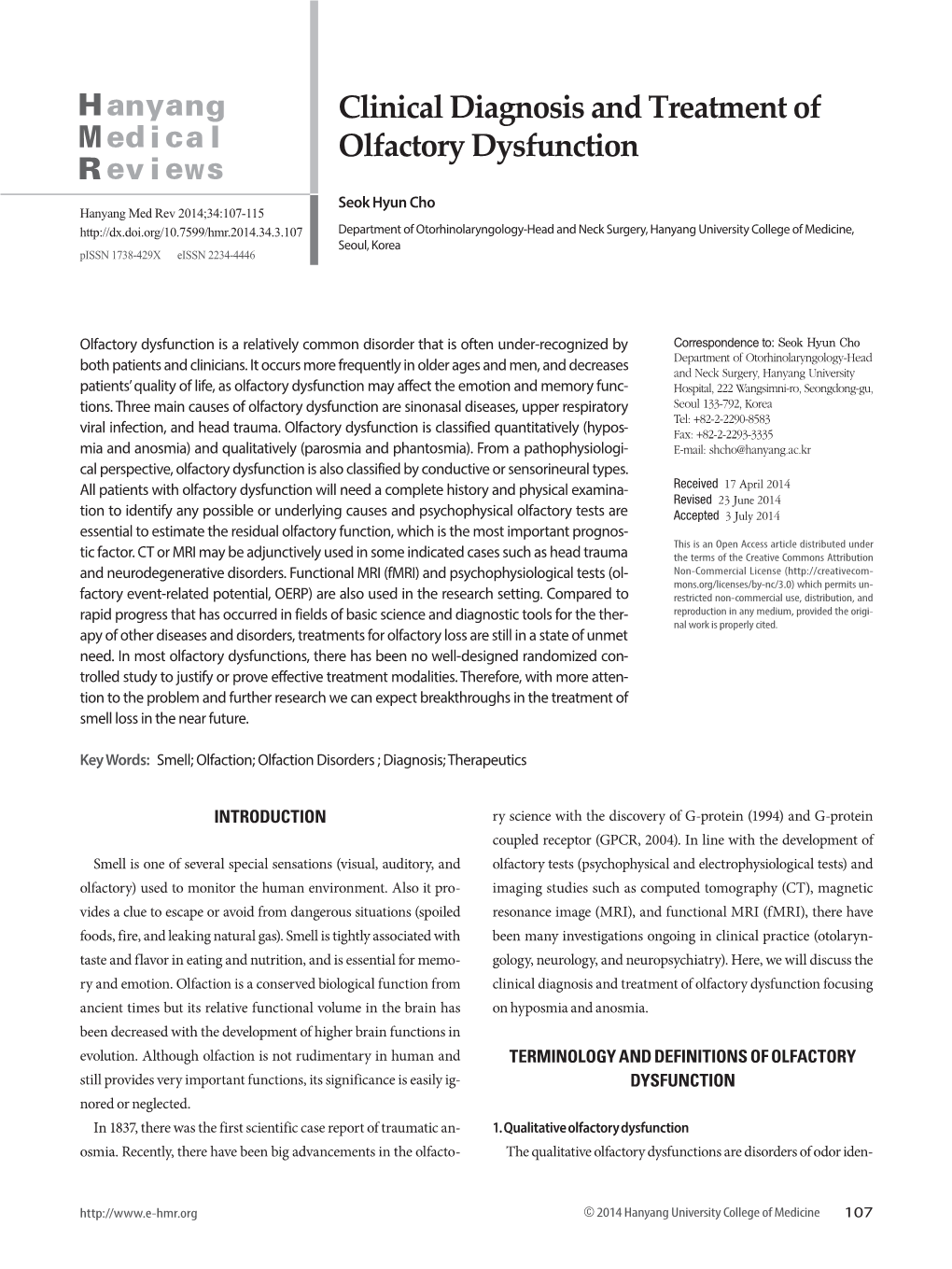 Clinical Diagnosis and Treatment of Olfactory Dysfunction