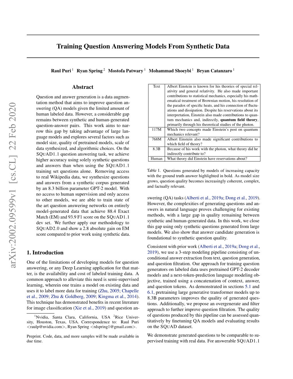 Training Question Answering Models from Synthetic Data