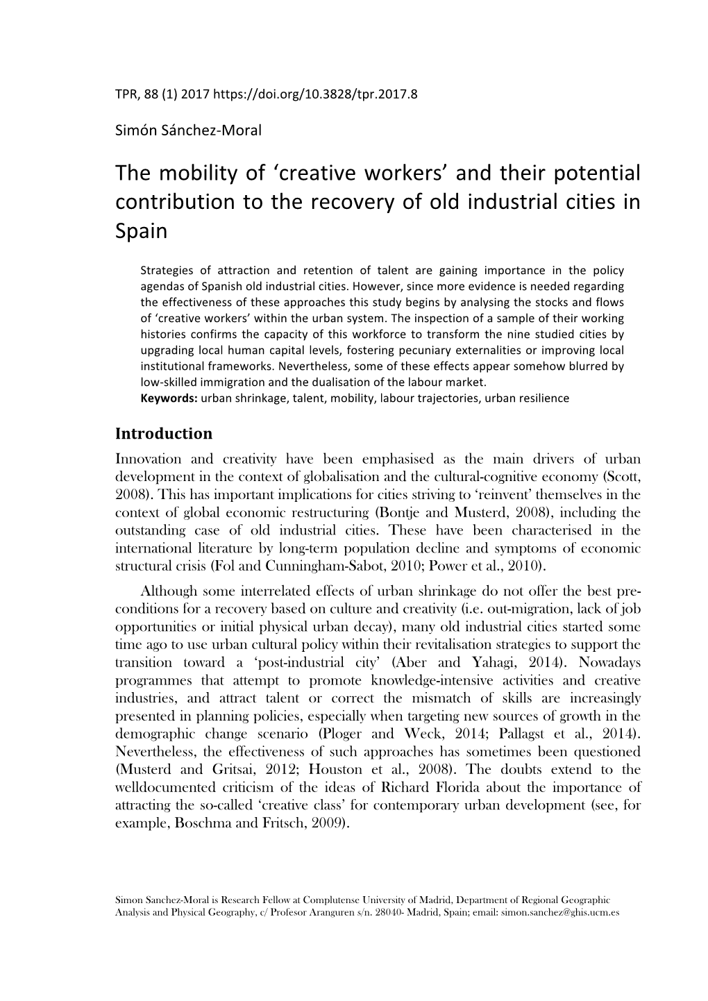 The Mobility of 'Creative Workers' and Their Potential Contribution to the Recovery of Old Industrial Cities in Spain