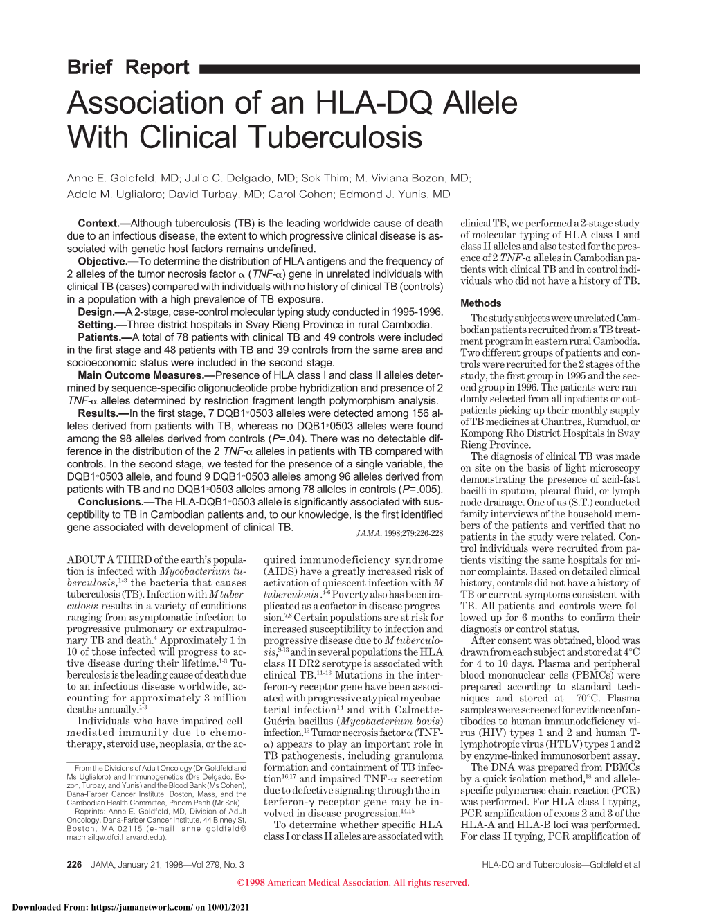 Association of an HLA-DQ Allele with Clinical Tuberculosis