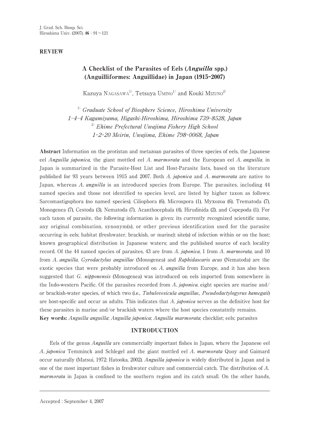 A Checklist of the Parasites of Eels (Anguilla Spp.) (Anguilliformes: Anguillidae) in Japan (1915-2007)