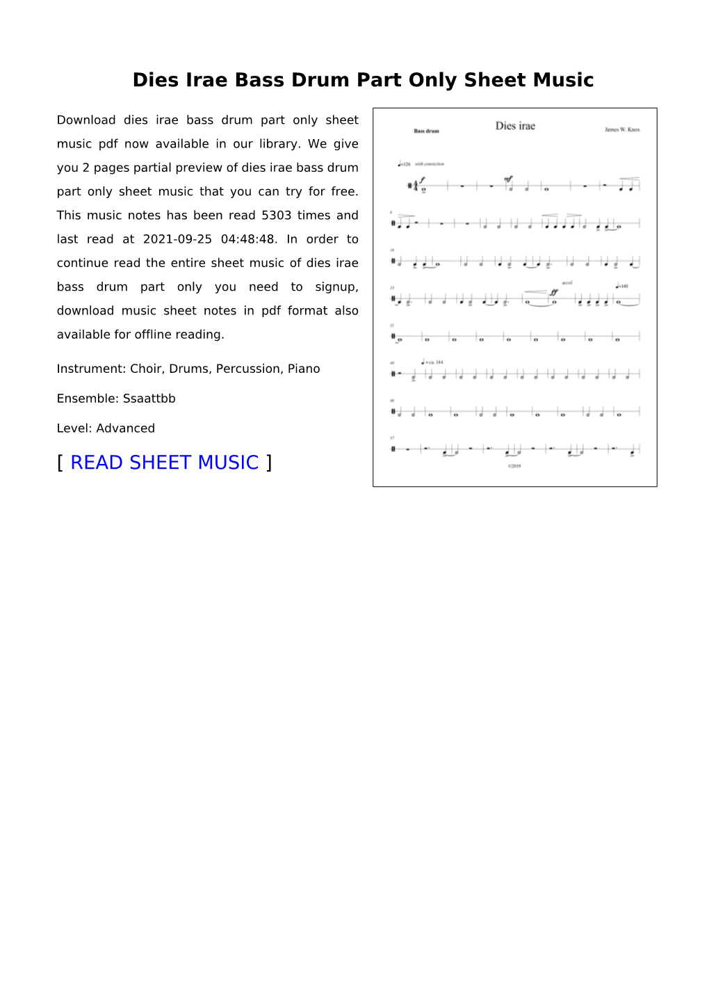 Dies Irae Bass Drum Part Only Sheet Music