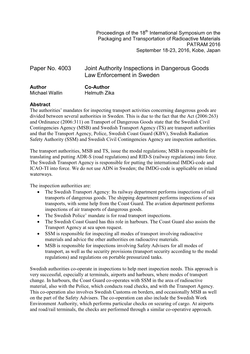 Paper No. 4003 Joint Authority Inspections in Dangerous Goods Law Enforcement in Sweden