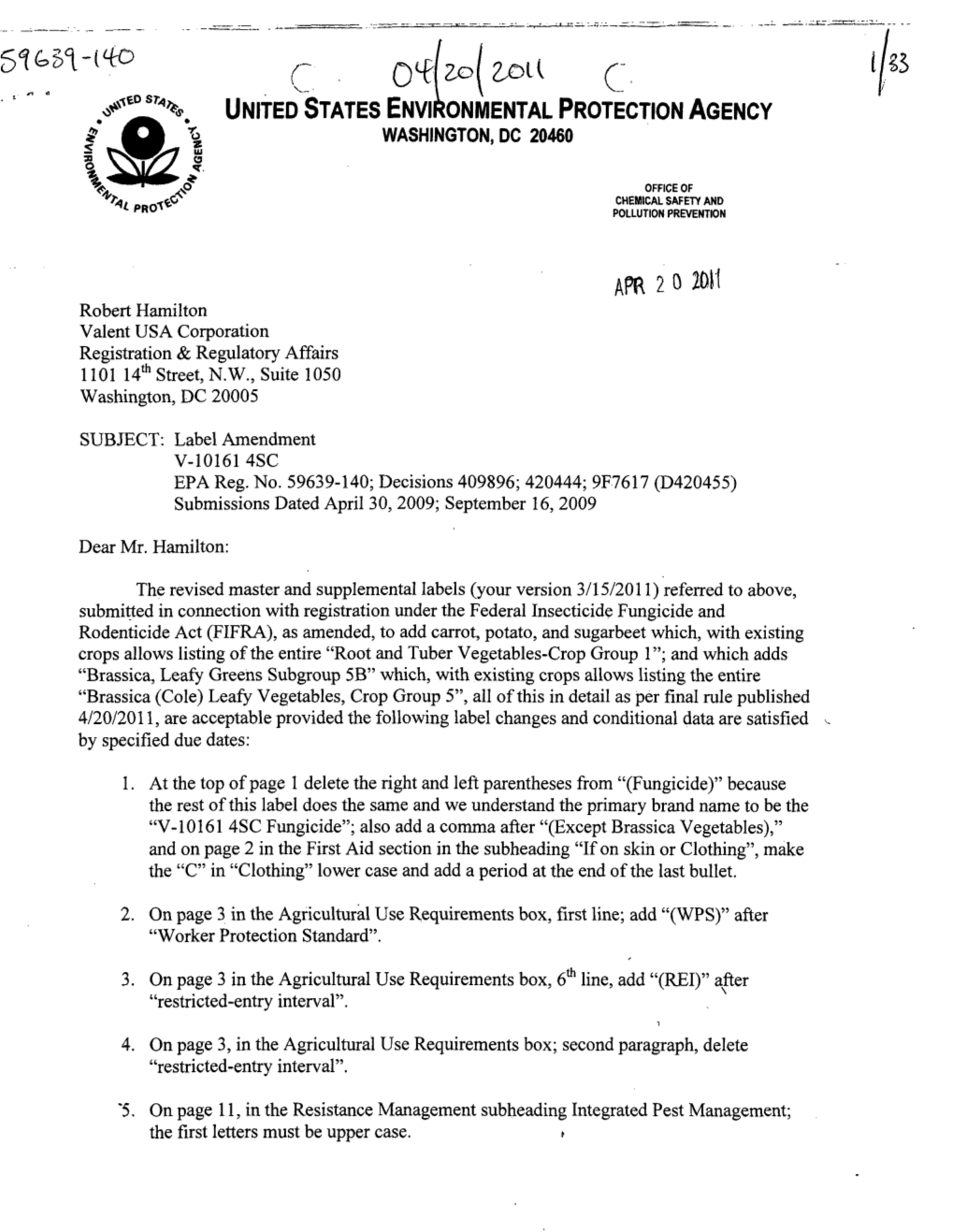 U.S. EPA, Pesticides, Label, V-10161 4 SC, 4/20/2011