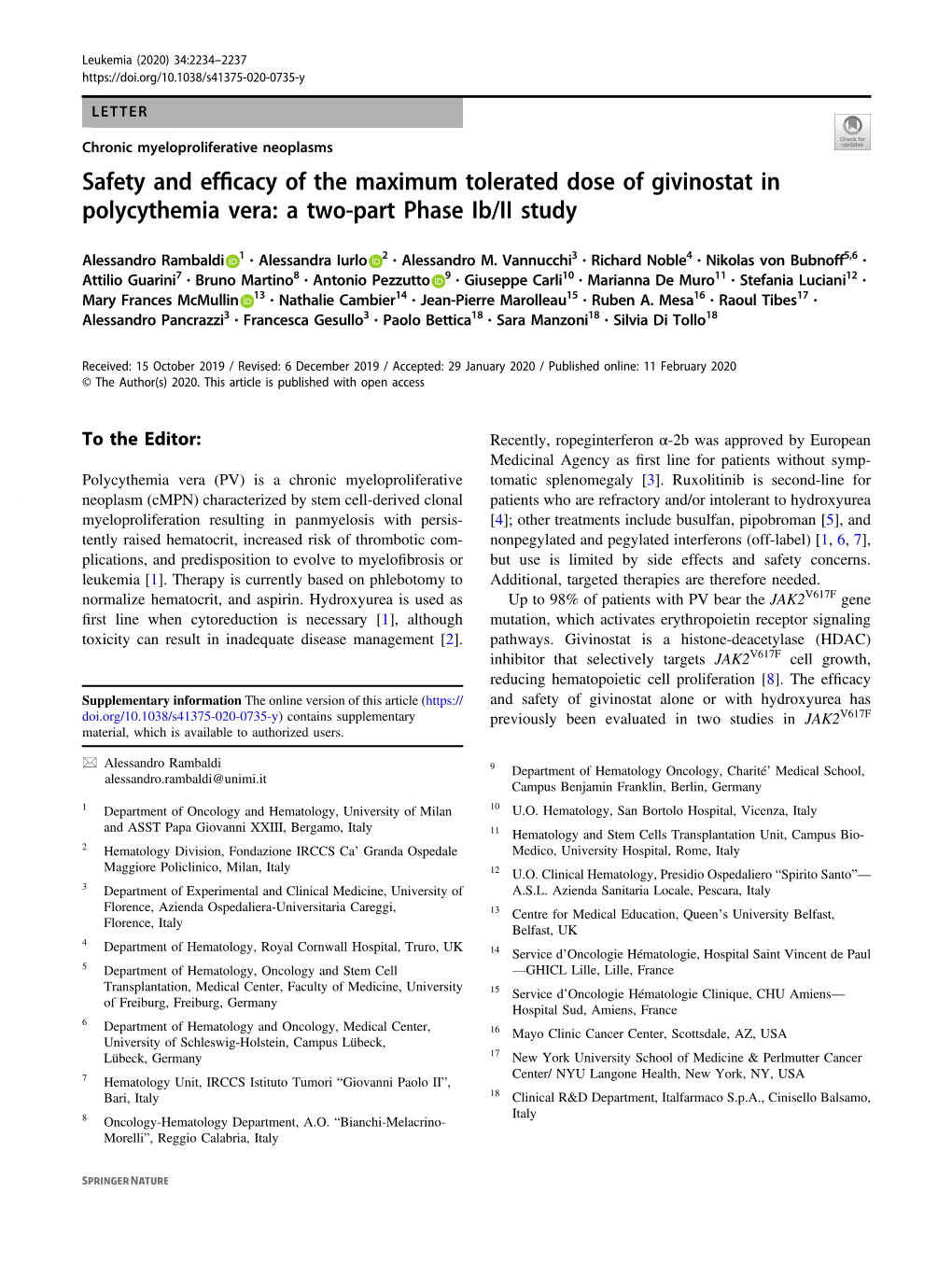 Safety and Efficacy of the Maximum Tolerated Dose of Givinostat in Polycythemia Vera