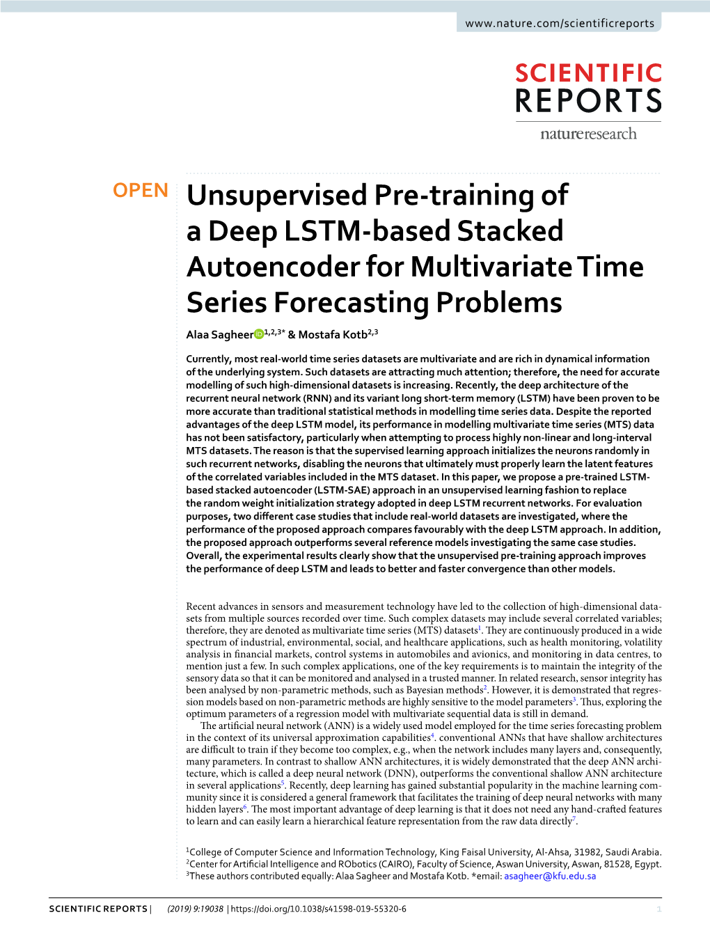 Unsupervised Pre-Training of a Deep LSTM-Based Stacked Autoencoder for Multivariate Time Series Forecasting Problems Alaa Sagheer 1,2,3* & Mostafa Kotb2,3