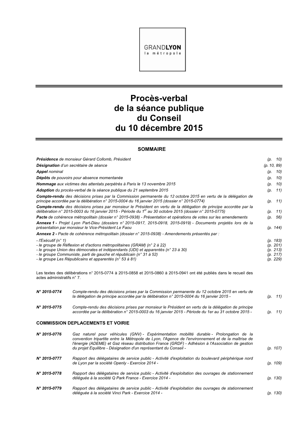 Procès-Verbal De La Séance Publique Du Conseil Du 10 Décembre 2015