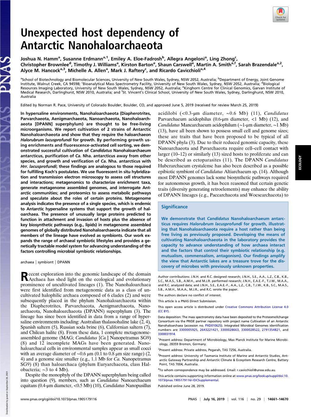 Unexpected Host Dependency of Antarctic Nanohaloarchaeota