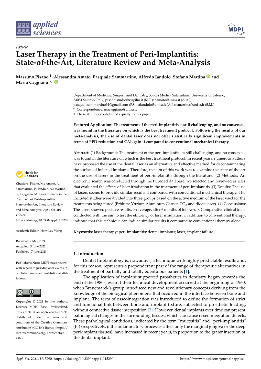 Laser Therapy in the Treatment of Peri-Implantitis: State-Of-The-Art, Literature Review and Meta-Analysis