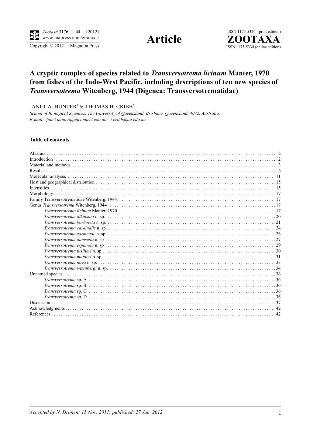 A Cryptic Complex of Species Related to Transversotrema Licinum Manter, 1970 from Fishes of the Indo-West Pacific, Including