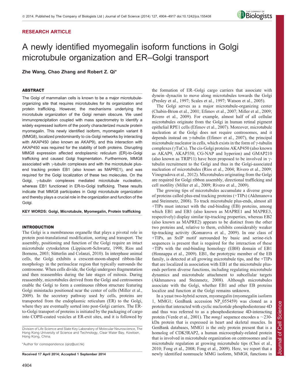 A Newly Identified Myomegalin Isoform Functions in Golgi Microtubule Organization and ER–Golgi Transport