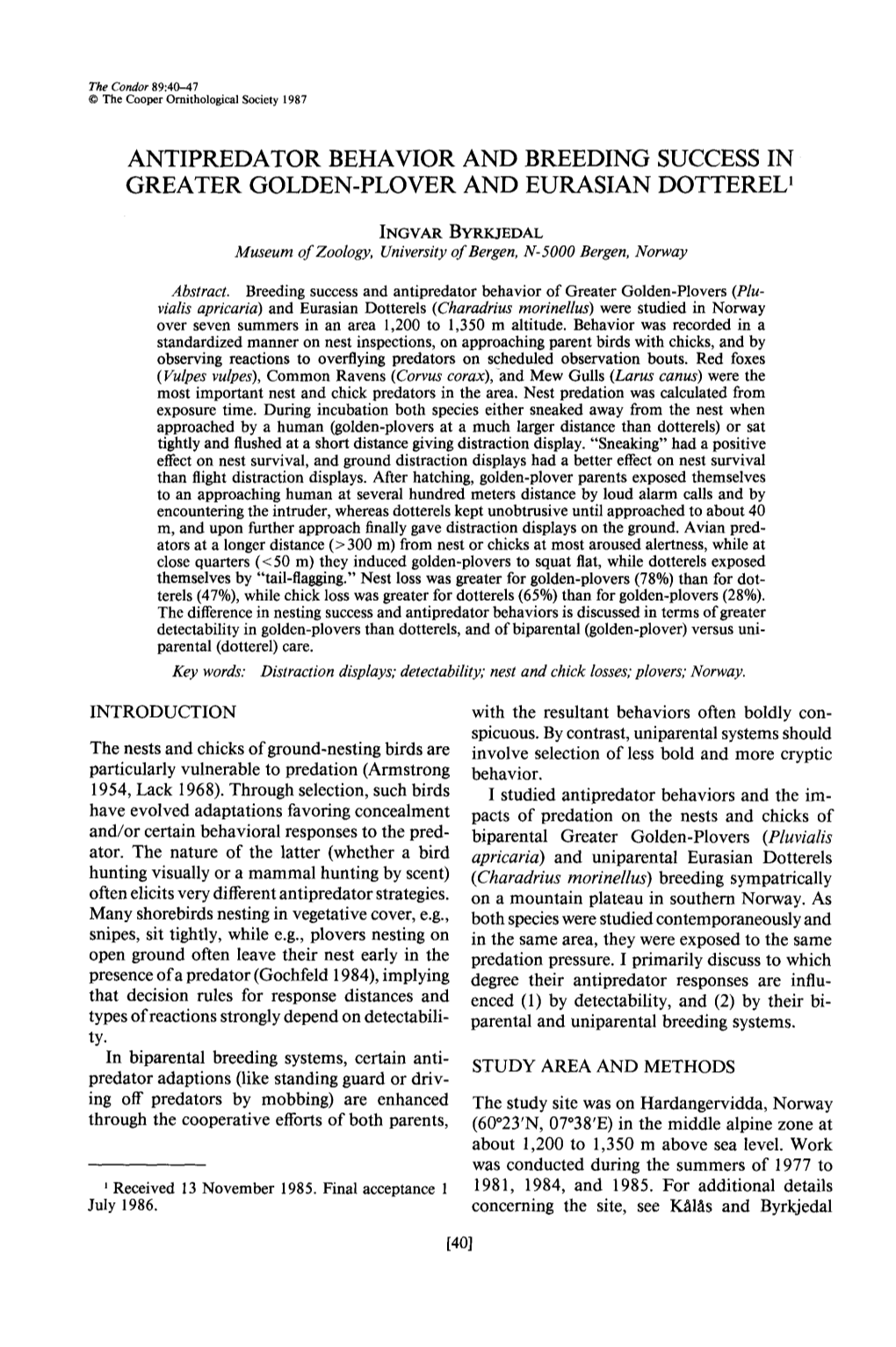 Antipredator Behavior and Breeding Success in Greater Golden-Plover and Eurasian Dotterel’