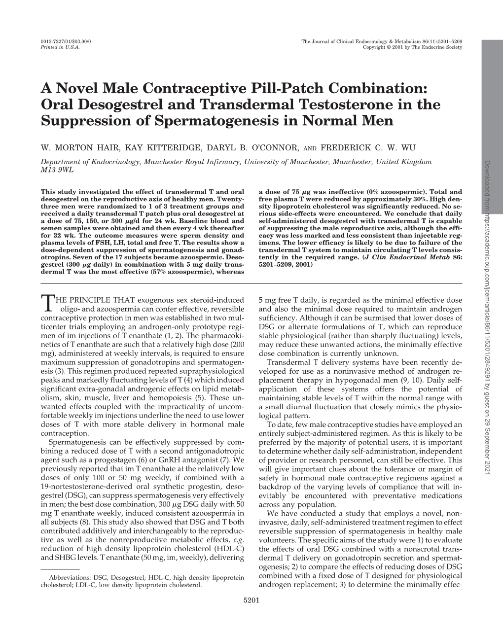 A Novel Male Contraceptive Pill-Patch Combination: Oral Desogestrel and Transdermal Testosterone in the Suppression of Spermatogenesis in Normal Men