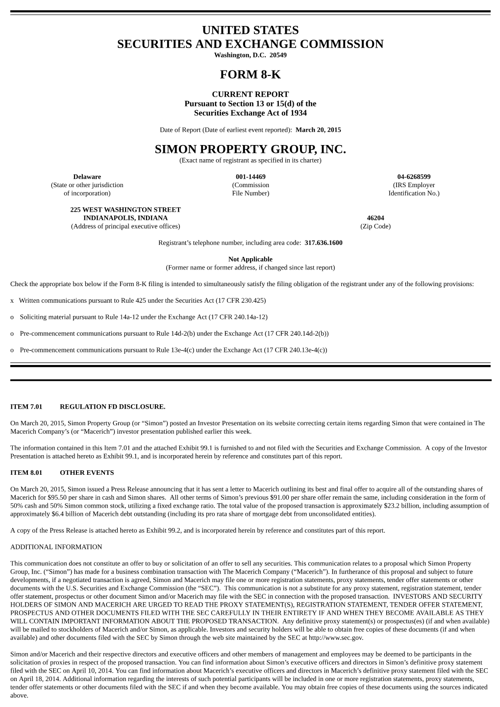 United States Securities and Exchange Commission Form 8-K Simon Property Group, Inc
