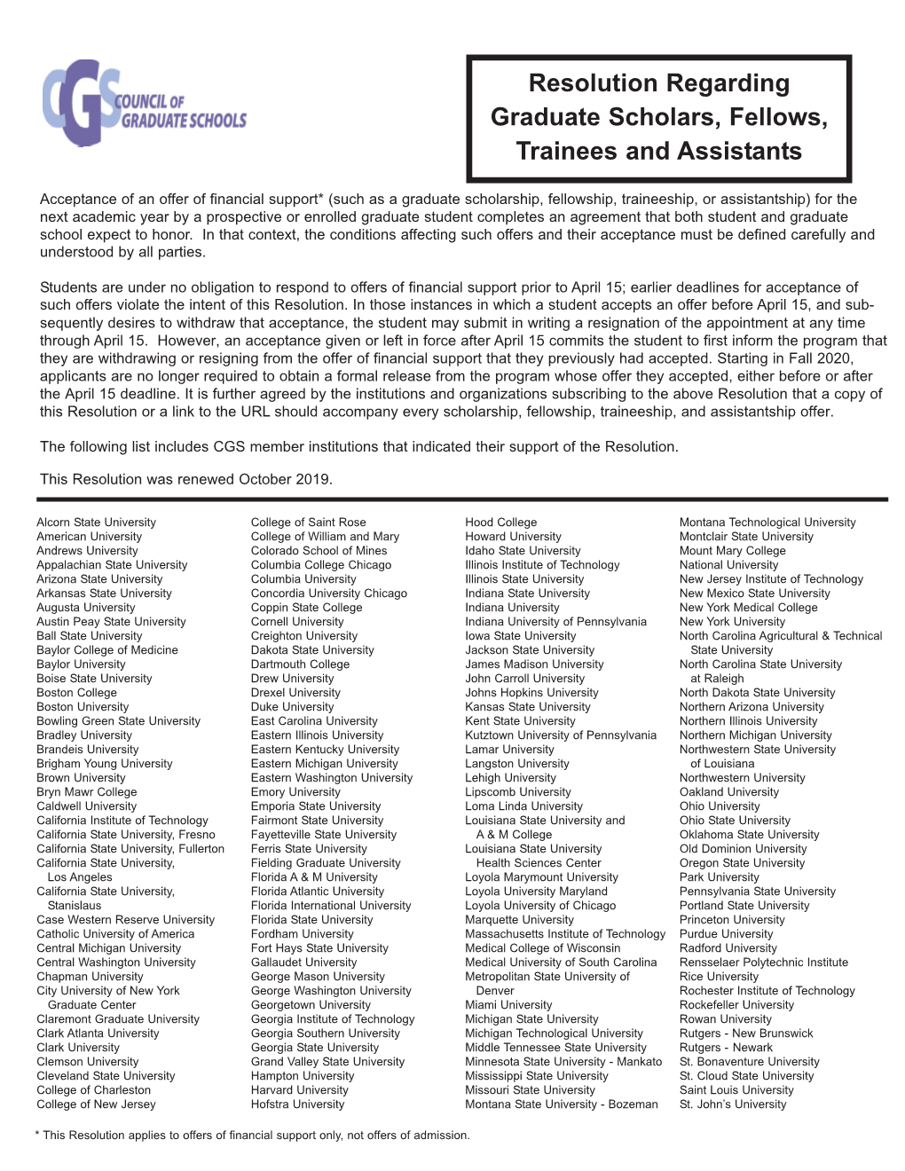 Resolution Regarding Graduate Scholars, Fellows, Trainees and Assistants