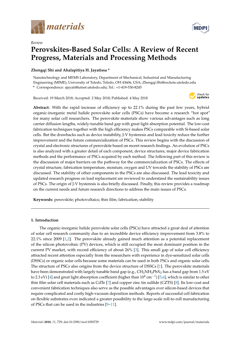 Perovskites-Based Solar Cells: a Review of Recent Progress, Materials and Processing Methods