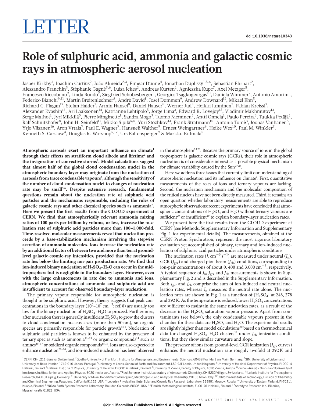 Role of Sulphuric Acid, Ammonia and Galactic Cosmic Rays in Atmospheric Aerosol Nucleation