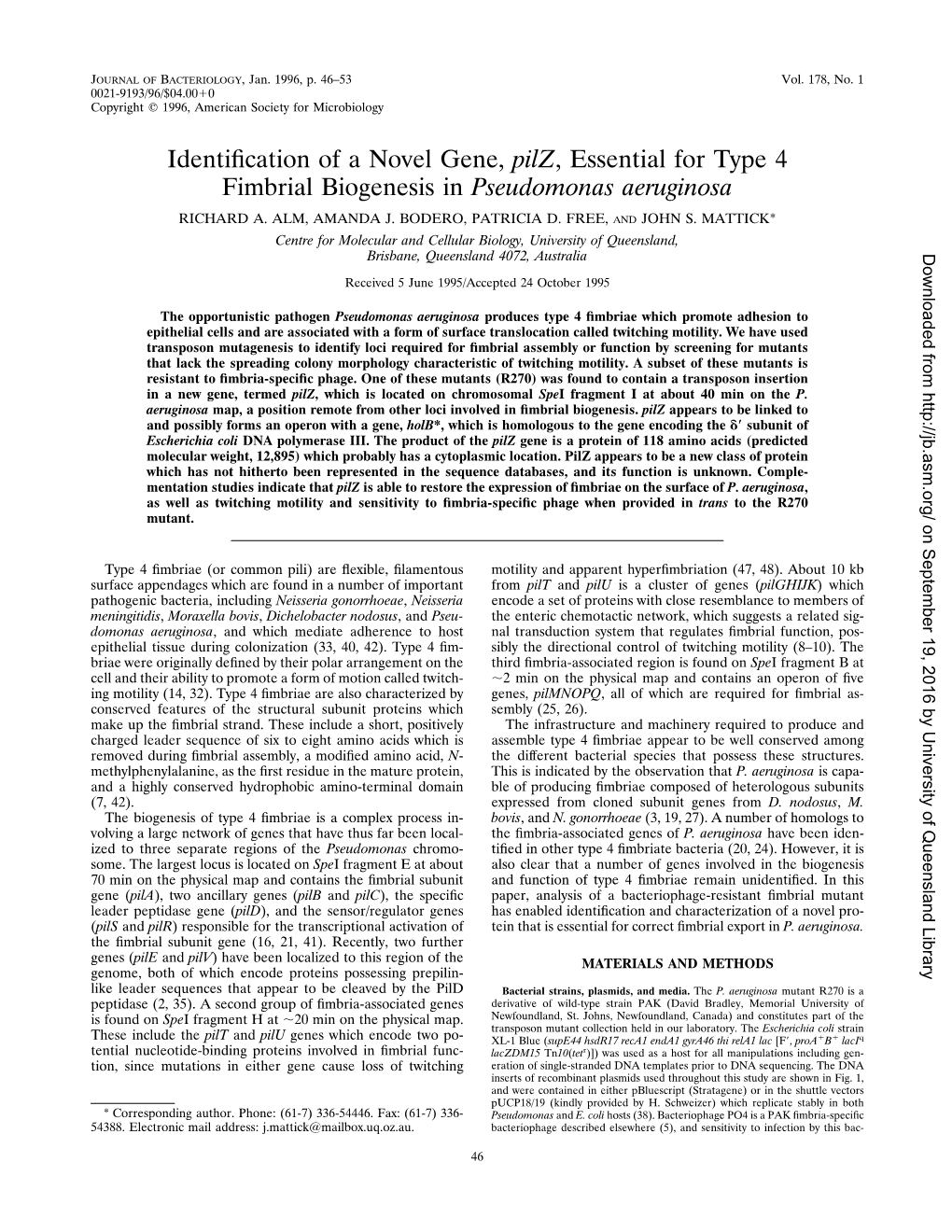 Identification of a Novel Gene, Pilz, Essential for Type 4 Fimbrial