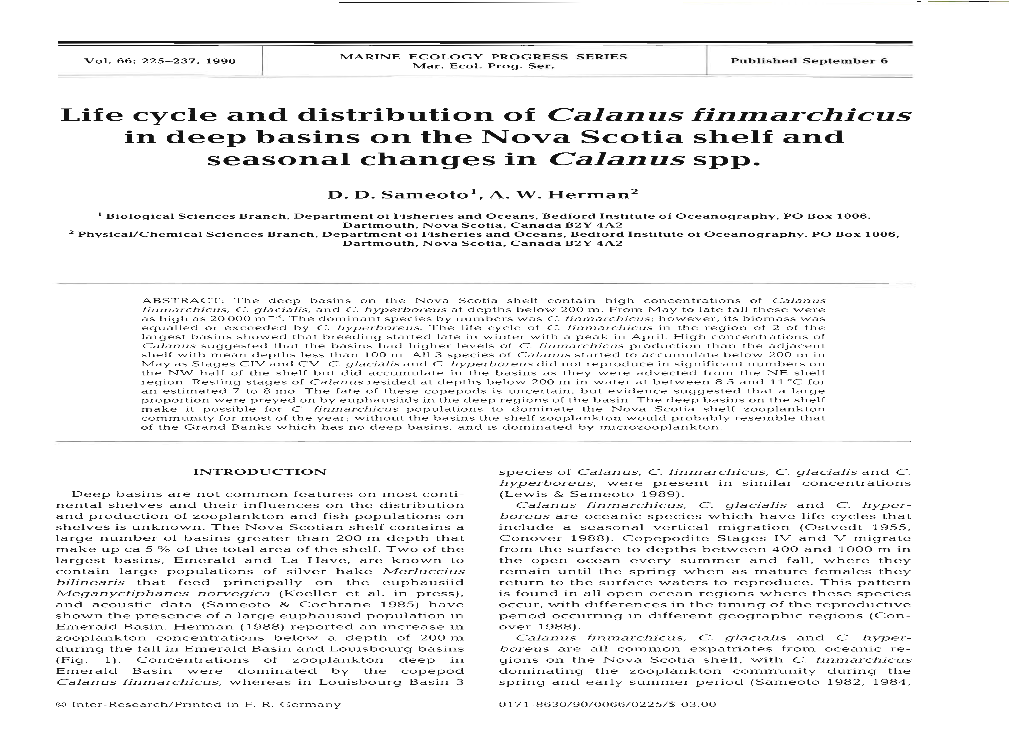 Life Cycle and Distribution of Calanus Finmarchicus in Deep Basins on the Nova Scotia Shelf and Seasonal Changes in Calanus Spp