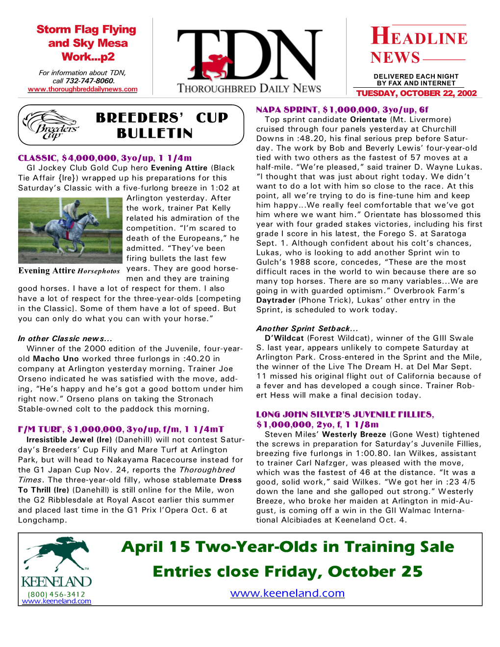 April 15 Two-Year-Olds in Training Sale Entries Close Friday, October 25