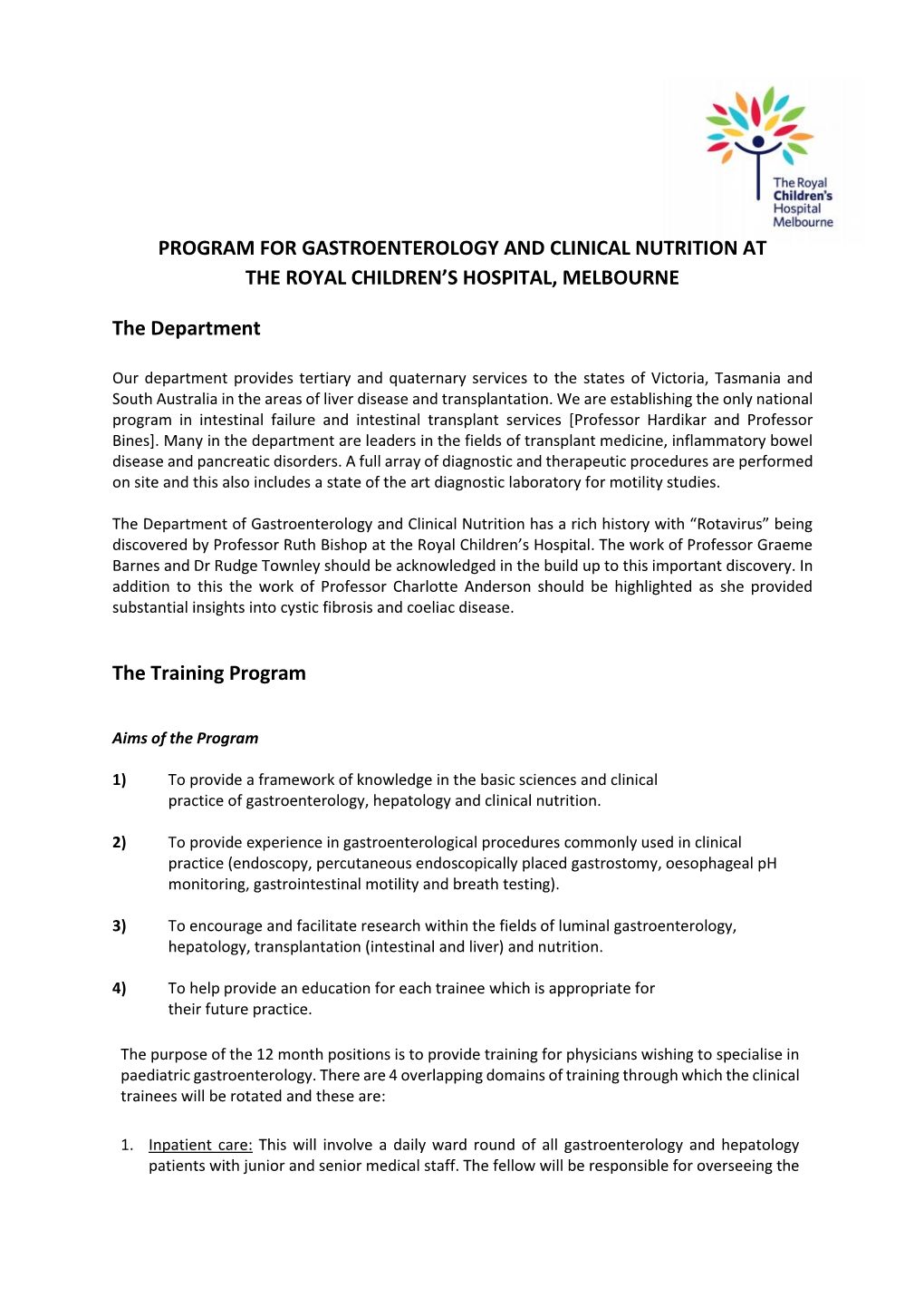 Program for Gastroenterology and Clinical Nutrition at the Royal Children’S Hospital, Melbourne