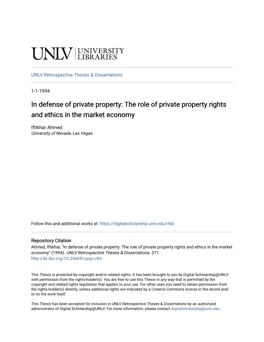 The Role of Private Property Rights and Ethics in the Market Economy