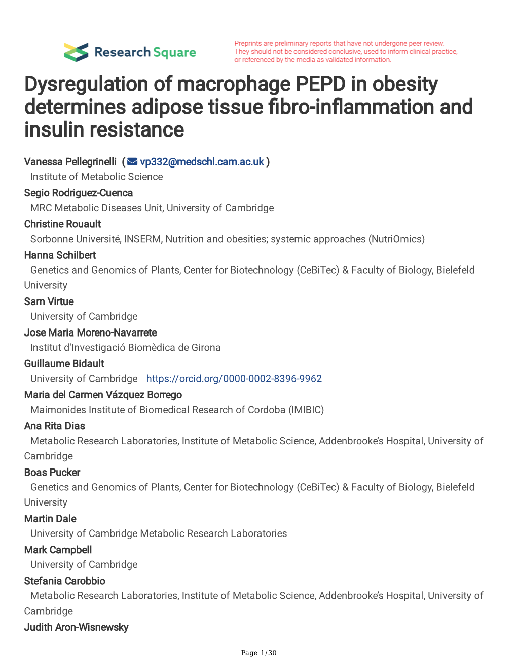 Dysregulation of Macrophage PEPD in Obesity Determines Adipose Tissue Fbro-Infammation and Insulin Resistance