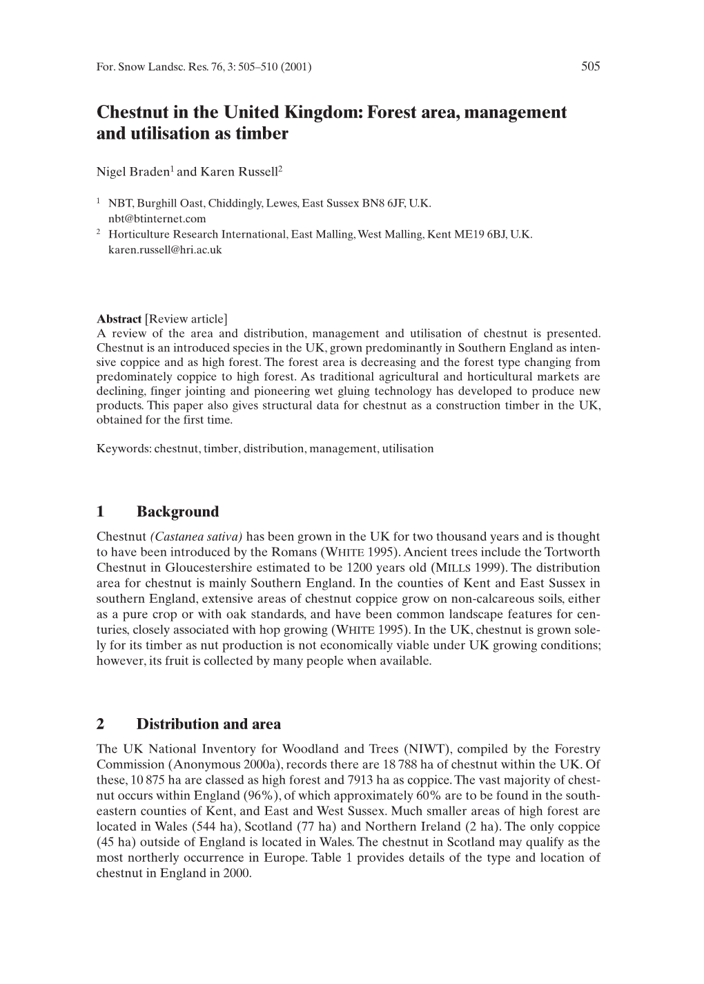 Chestnut in the United Kingdom: Forest Area, Management and Utilisation As Timber