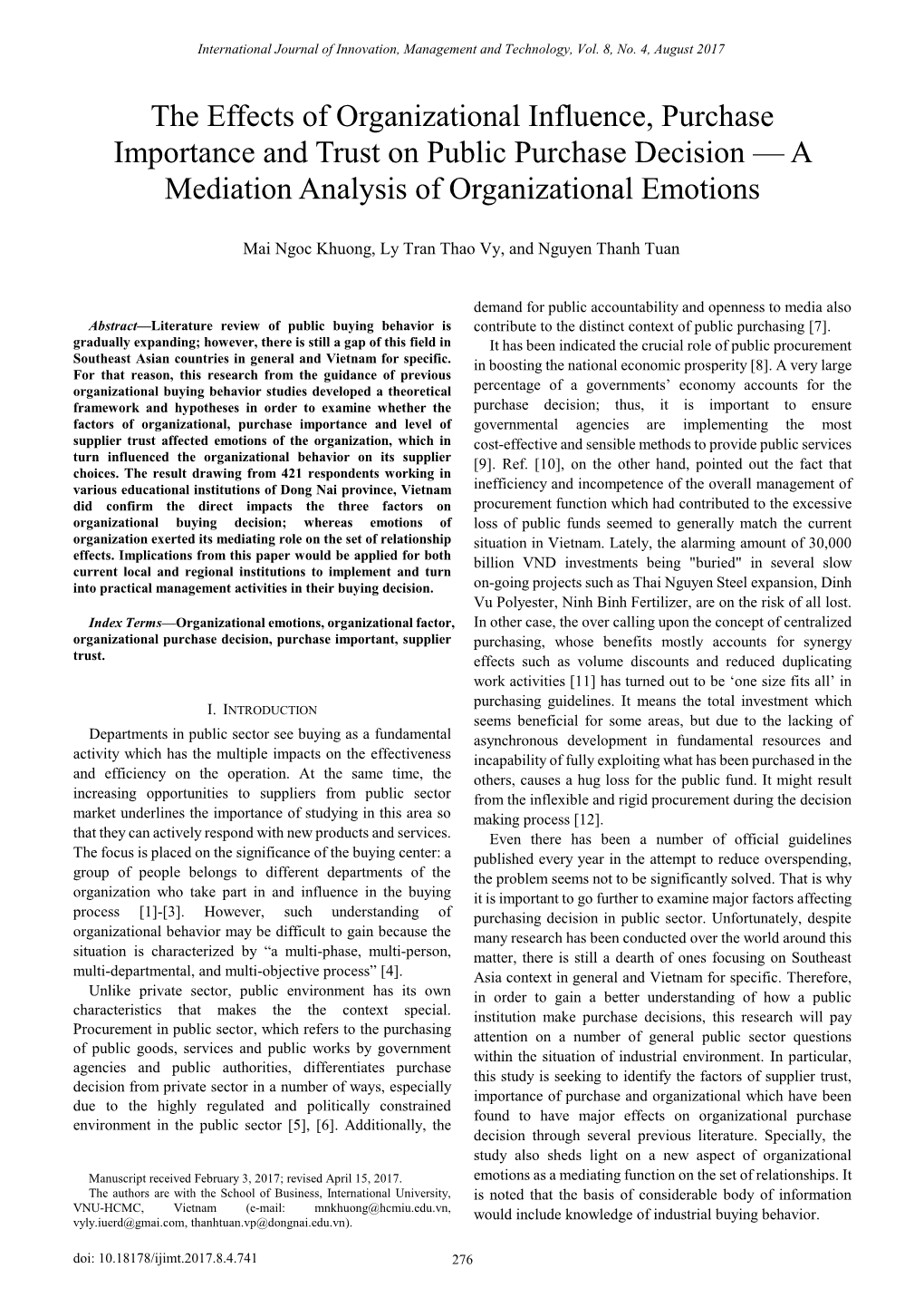 The Effects of Organizational Influence, Purchase Importance and Trust on Public Purchase Decision — a Mediation Analysis of Organizational Emotions