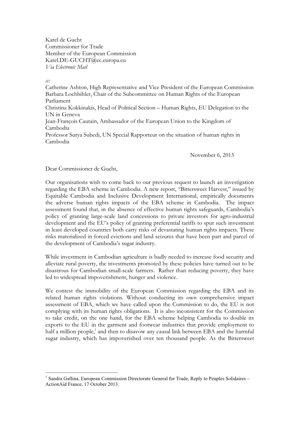 Joint Open Letter to EU Trade Commissioner Karel De Gucht
