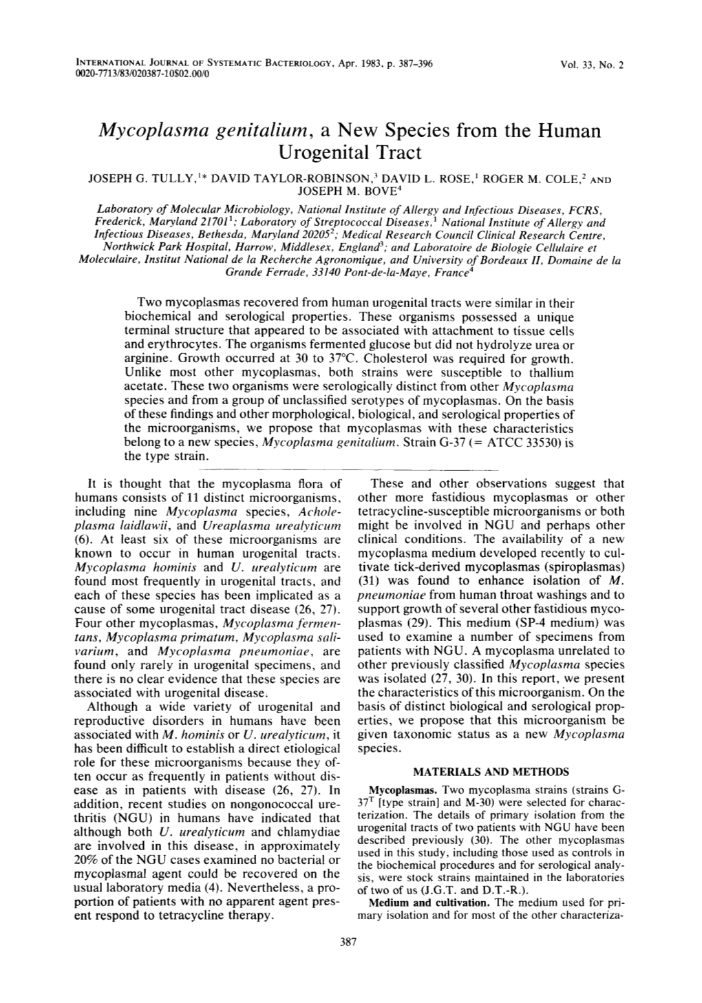 Mycoplasma Genitalium, a New Species from the Human Urogenital Tract