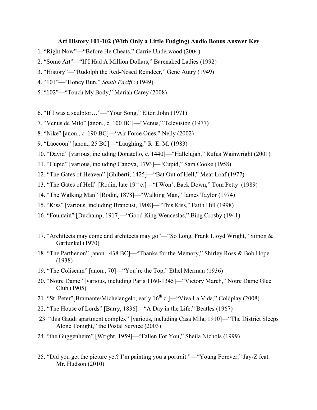 Art History 101-102 (With Only a Little Fudging) Audio Bonus Answer Key 1. “Right Now”—“Before He Cheats,” Carrie Underwood (2004) 2
