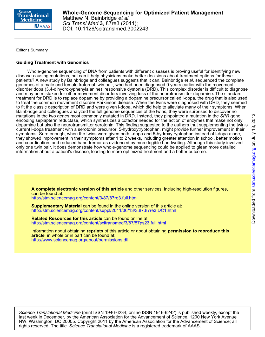 Whole-Genome Sequencing for Optimized Patient Management Matthew N