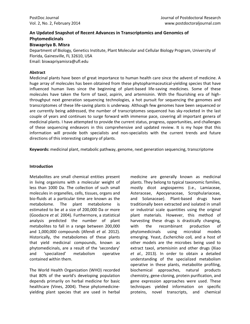 An Updated Snapshot of Recent Advances in Transcriptomics and Genomics of Phytomedicinals Biswapriya B