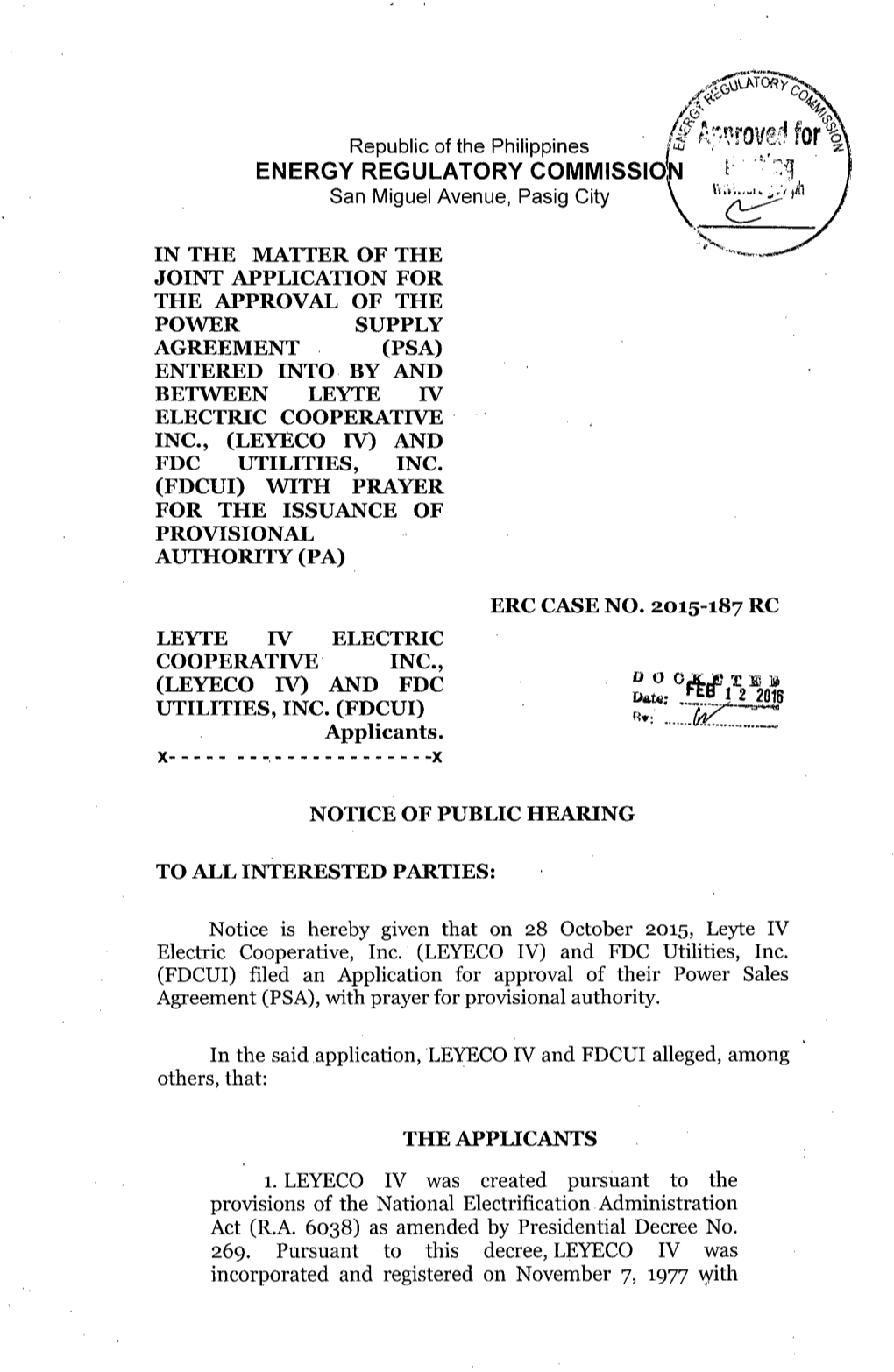 NPH, ERC Case No. 2015-187 RC