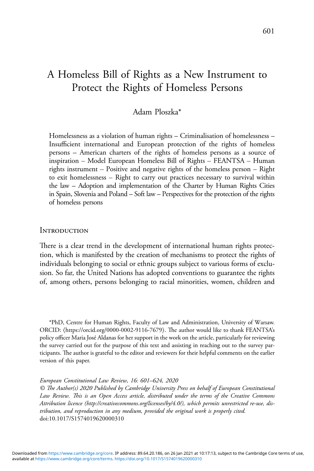 A Homeless Bill of Rights As a New Instrument to Protect the Rights of Homeless Persons